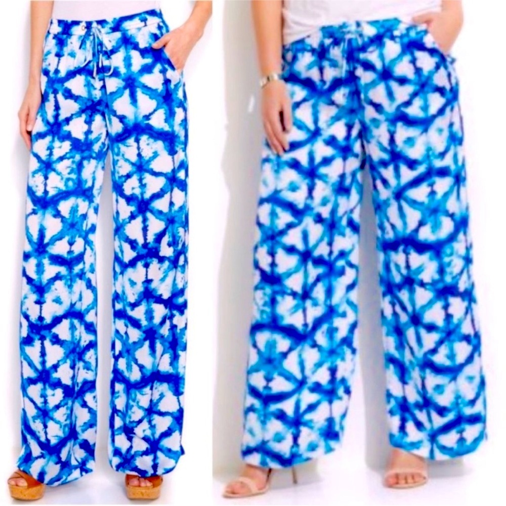Michael Kors Tie Dye Wide Leg Pants Blue Size 2X Hippie Bohemian Tie Waist Boho